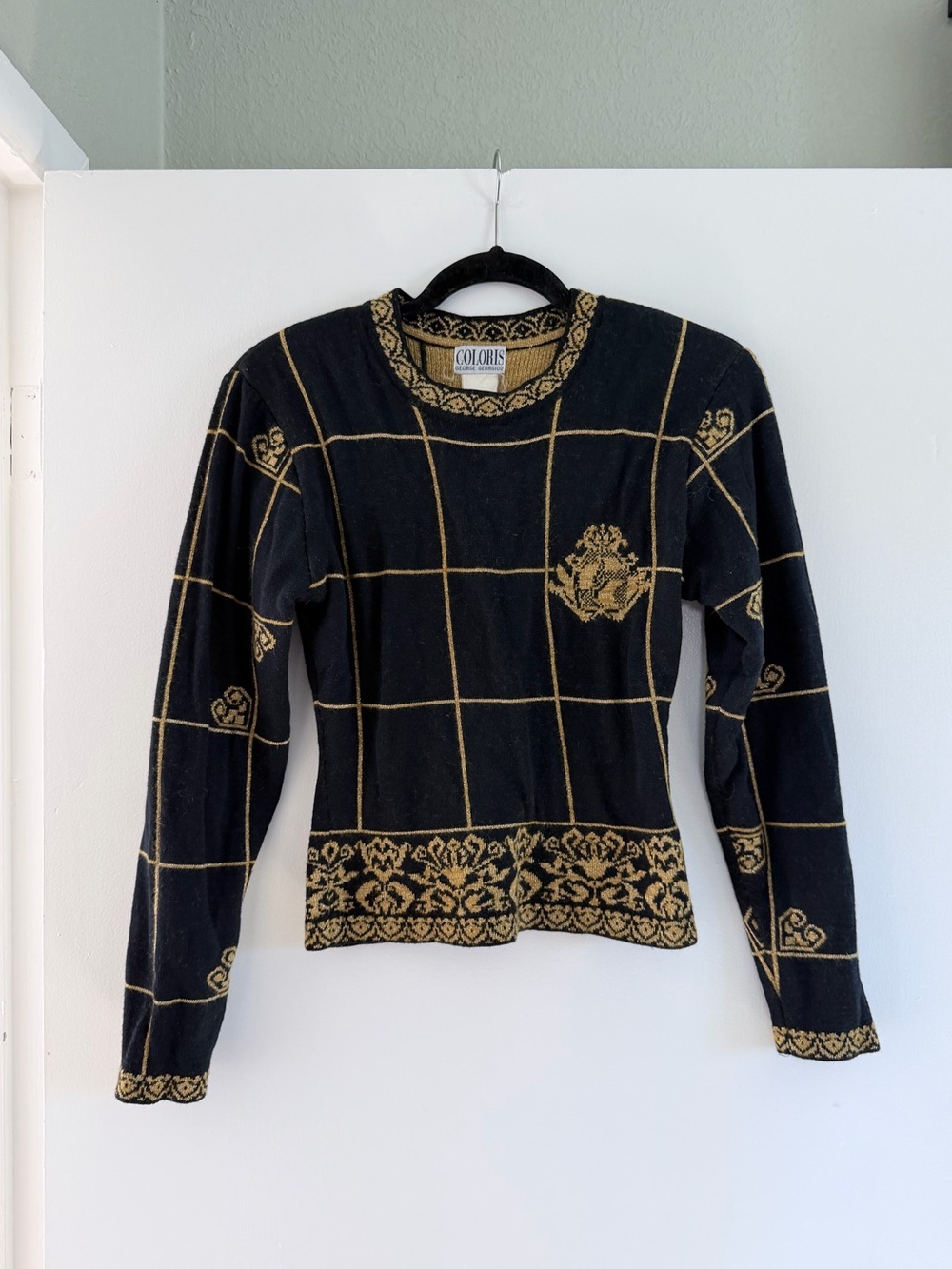 Vintage 80s Coloris George Georgiou Black Gold Metallic Baroque Crest Sweater M